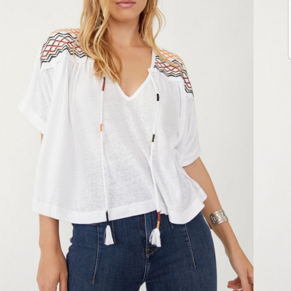 Free People Market Embroidered V Neck Tie Front Top White Oversized Medium